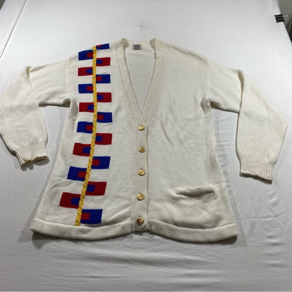 Cardigan Sweater Men X-Large Button down White Sweater top, gold buttons Sweater
